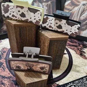 Cowhide Print & Floral Hair Claw Clips - Brown, Cream Set Of 3 Western Wear